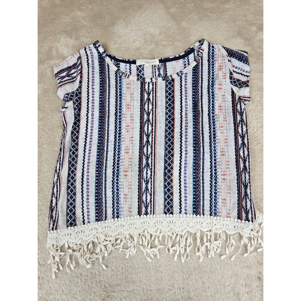 Rewind Womens Small Boho Striped Crochet Fringe Hem Cap Sleeve Top Blue Orange